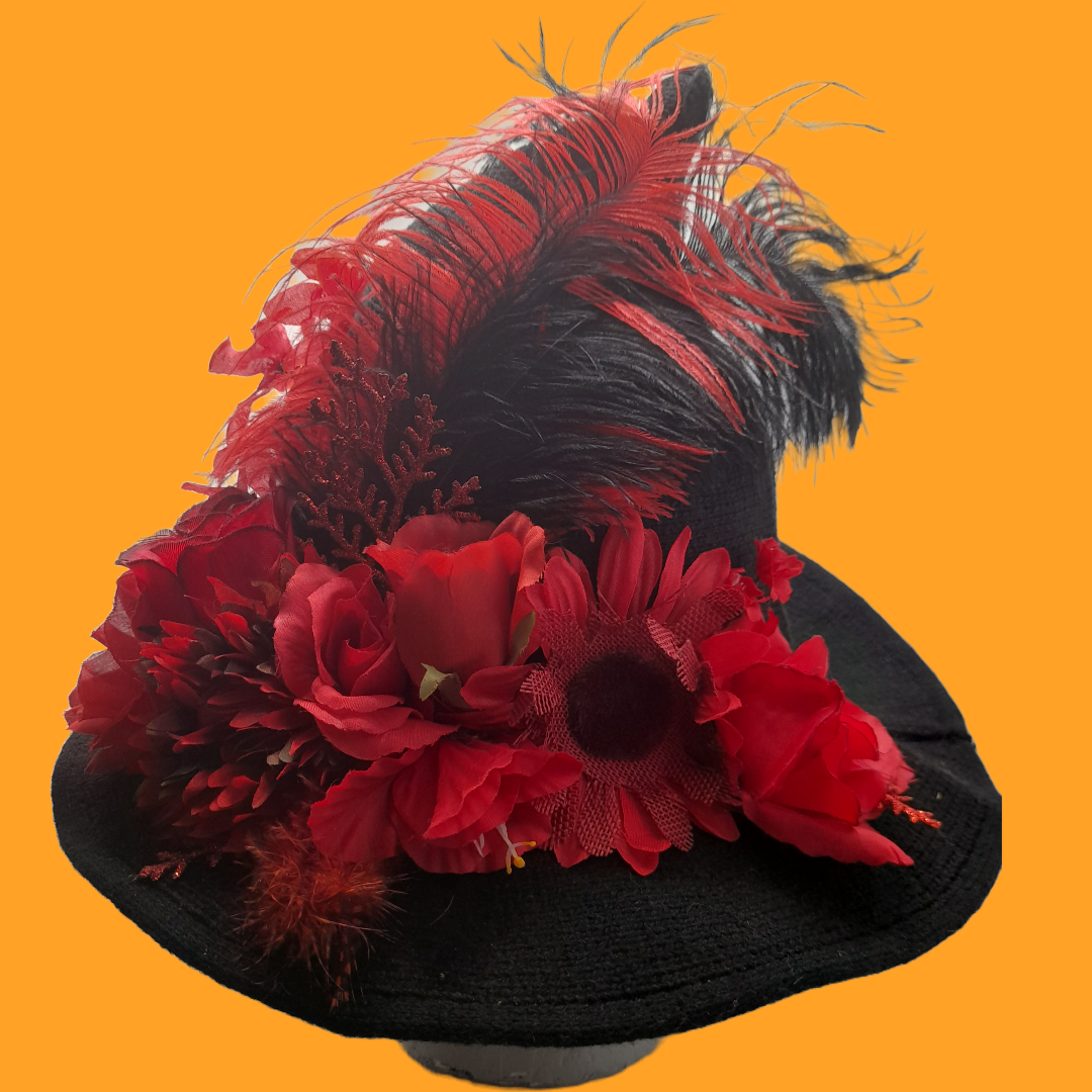 Witch hat ❣️HOST PICK❣️Blood red & black Feathers skeletons, vines & flowers 1of Handmade Red Gothic Witch Hat - Halloween Costume, Fabric  main image 3